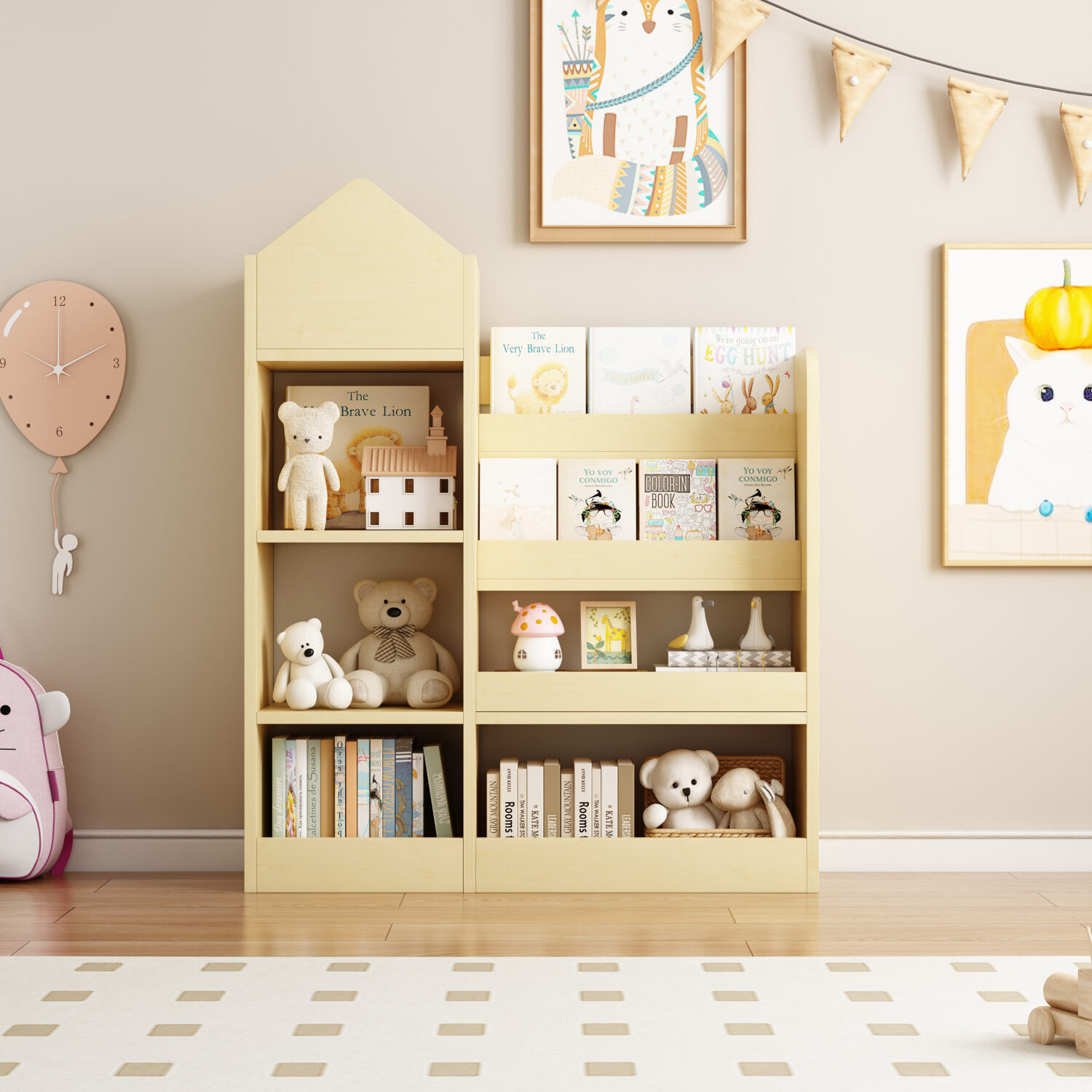 Kids Wooden Bookshelf Toy Storage Organizer with Bookcase