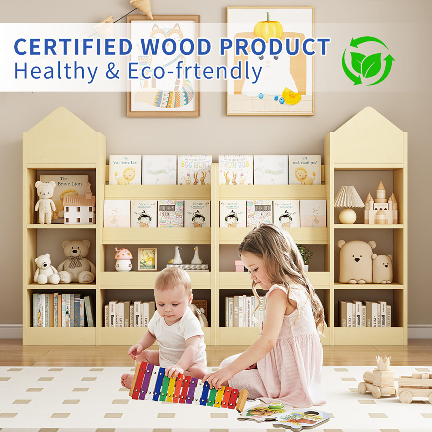 Kids Wooden Bookshelf Toy Storage Organizer with Bookcase - Image 4