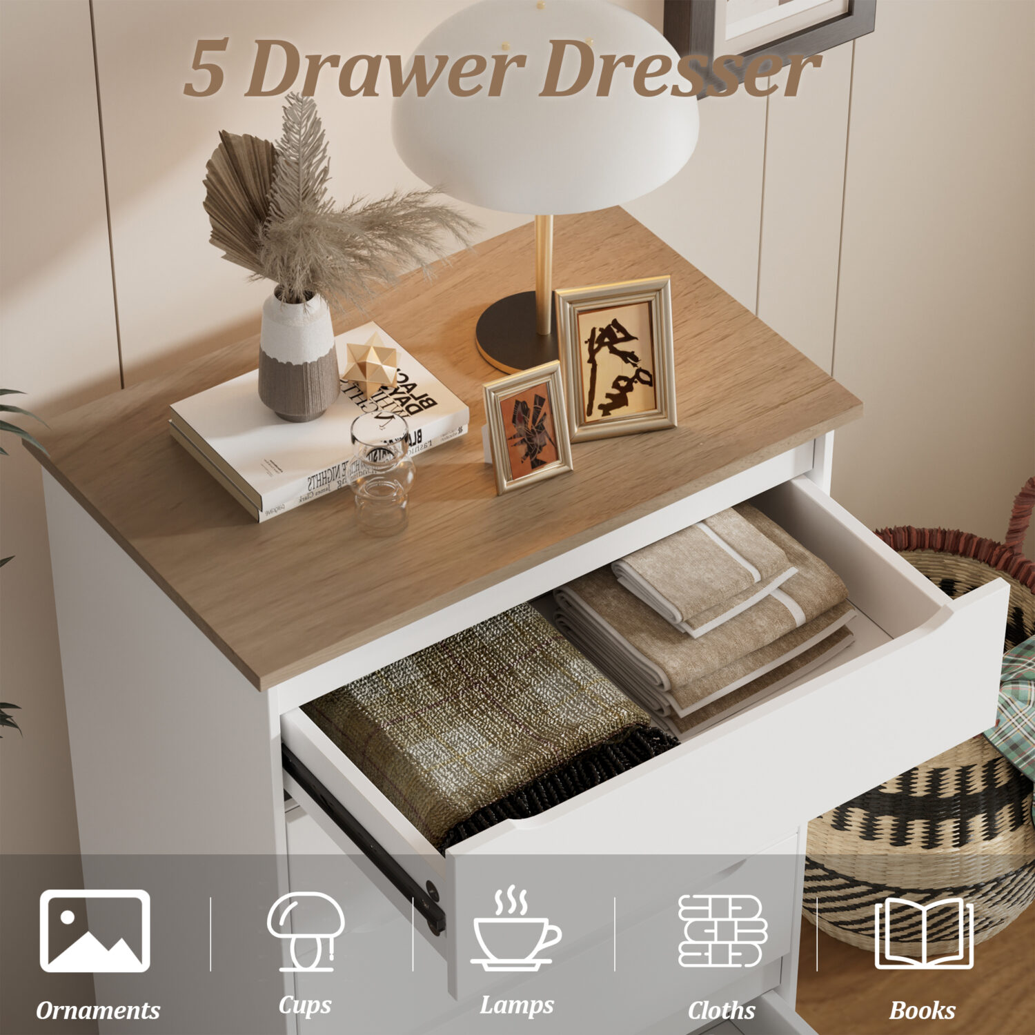 Modern 5 Drawers Dresser for Bedroom - Image 3