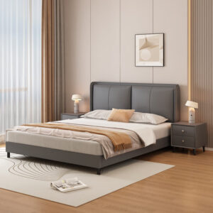 Modern and Simple Leather Bed with 2 Nightstands